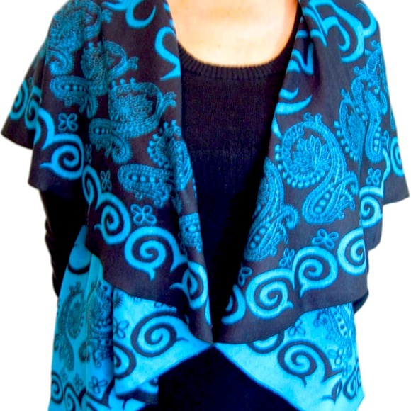 Pashmina Cashmere Wrap Silky SoftTeal Aqua Reversible Ruffled Shawl Poncho Cape - Picture 1 of 6